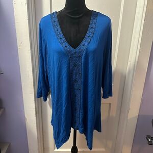Adrianna Papell Blue Long Sleeve Top with Black Embroidery Detail‎ in 2X